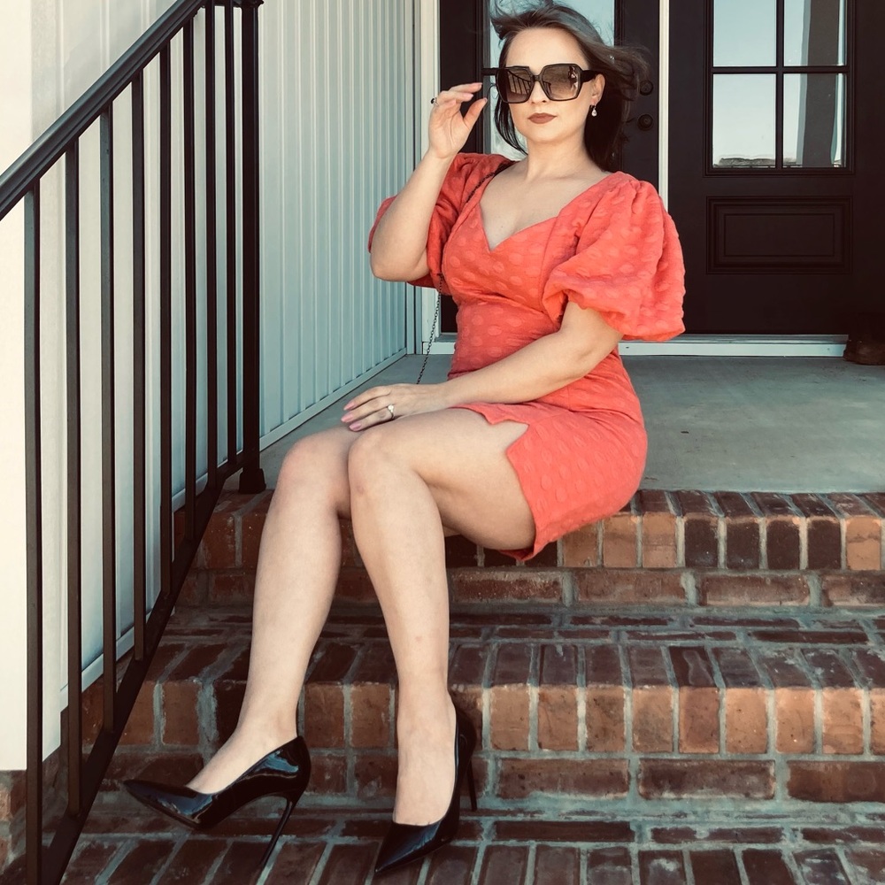 Betsey Johnson Coral Mini Dress with Puff Sleeves